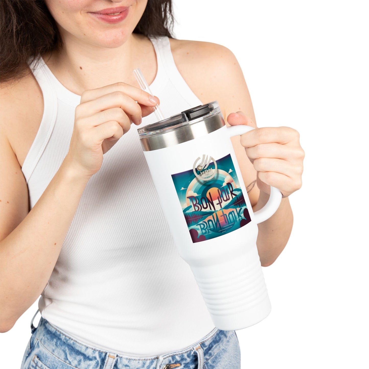 Bonjour Insulated Travel Mug, 40oz - French Parisian Coffee Cup, Traveler Tea Tumbler, Eiffel Tower Commuter Flask, Gift for Francophile,