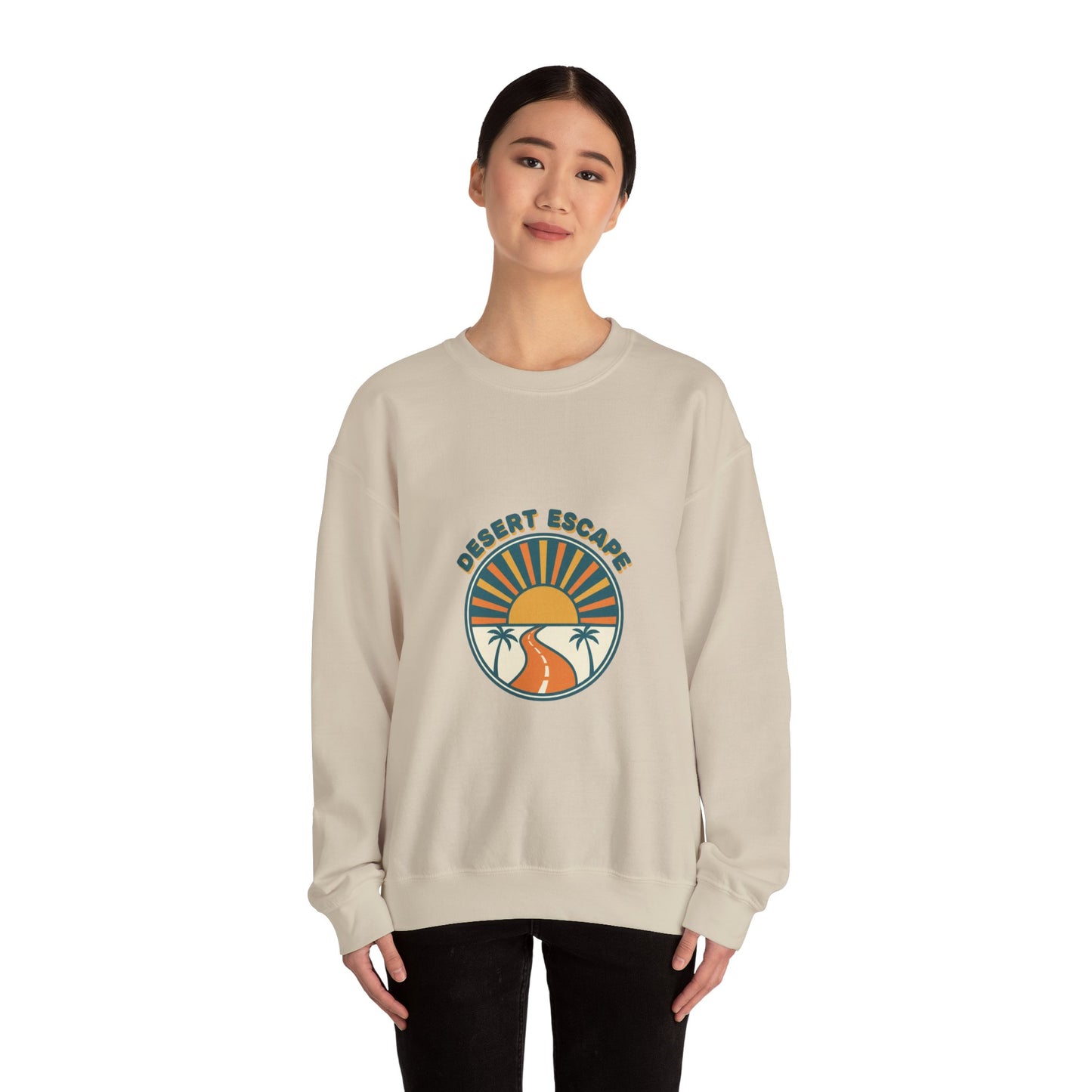 Desert Escape Sunset Crewneck, 70s Retro Surf Graphic | Vintage Palm Postcard