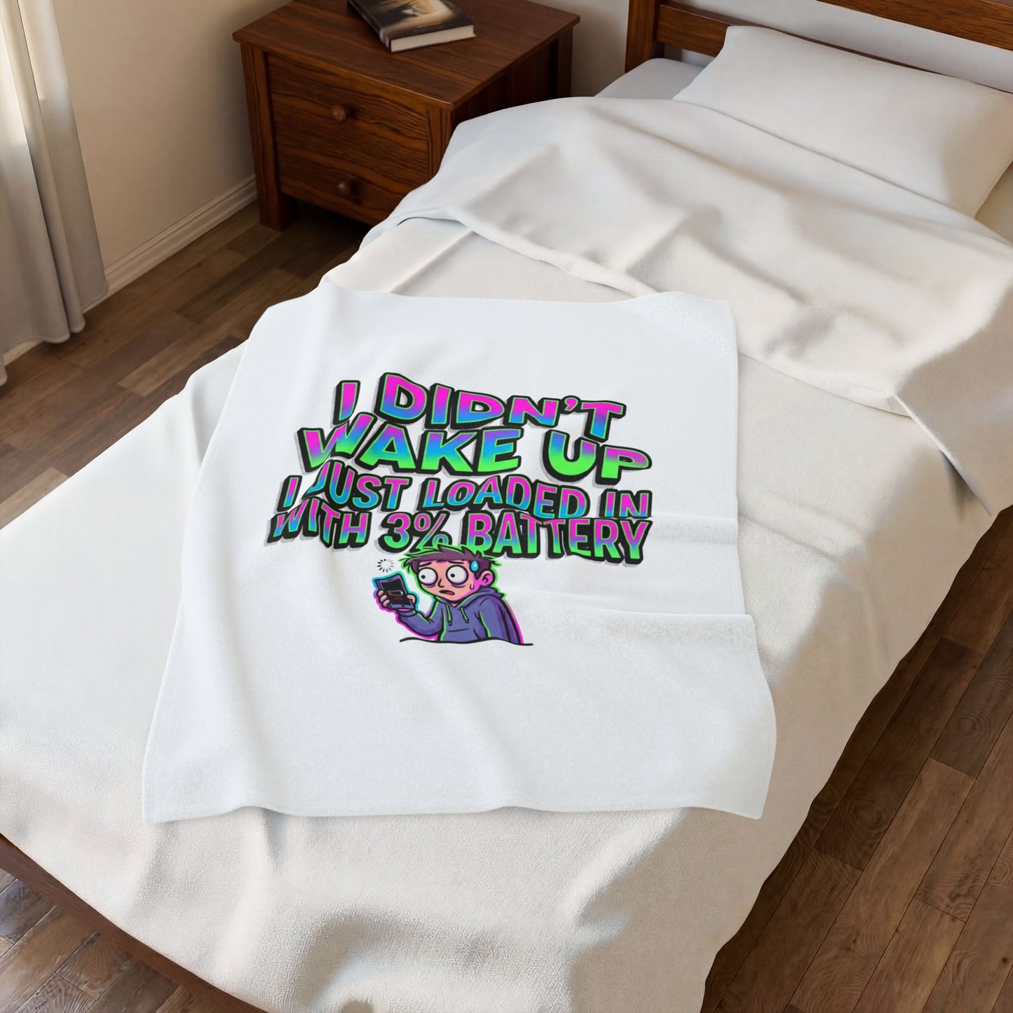 I Didn’t Wake Up I Just Loaded In With 3% Battery Velveteen Plush Blanket | meme-core, cringe-core