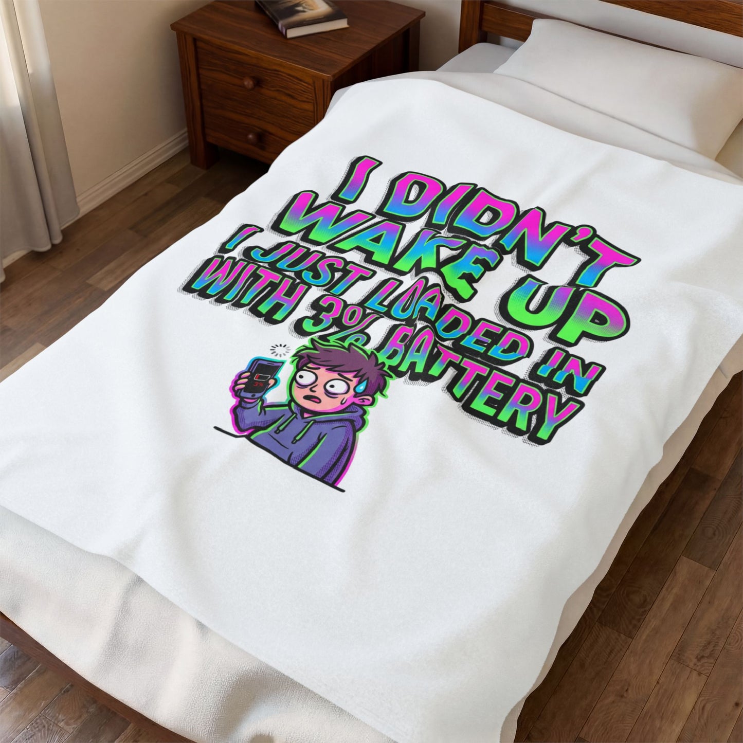 I Didn’t Wake Up I Just Loaded In With 3% Battery Velveteen Plush Blanket | meme-core, cringe-core