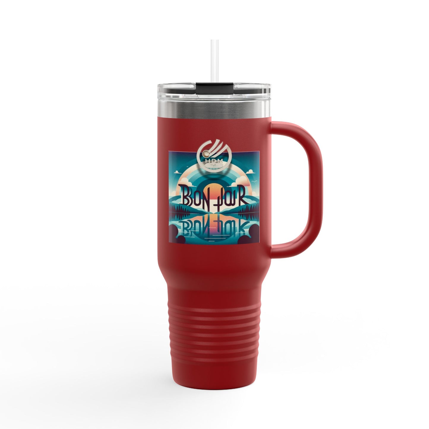 Bonjour Insulated Travel Mug, 40oz - French Parisian Coffee Cup, Traveler Tea Tumbler, Eiffel Tower Commuter Flask, Gift for Francophile,