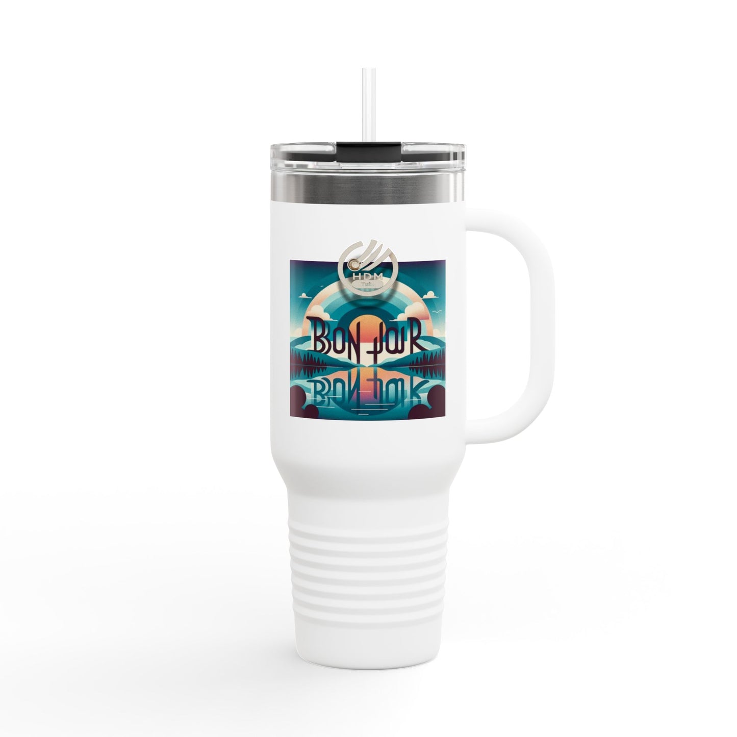 Bonjour Insulated Travel Mug, 40oz - French Parisian Coffee Cup, Traveler Tea Tumbler, Eiffel Tower Commuter Flask, Gift for Francophile,