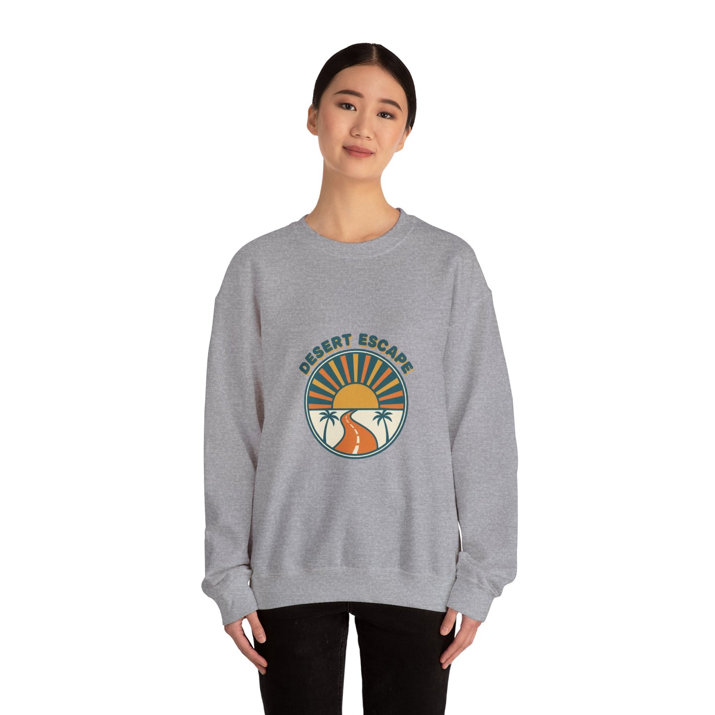 Desert Escape Sunset Crewneck, 70s Retro Surf Graphic | Vintage Palm Postcard