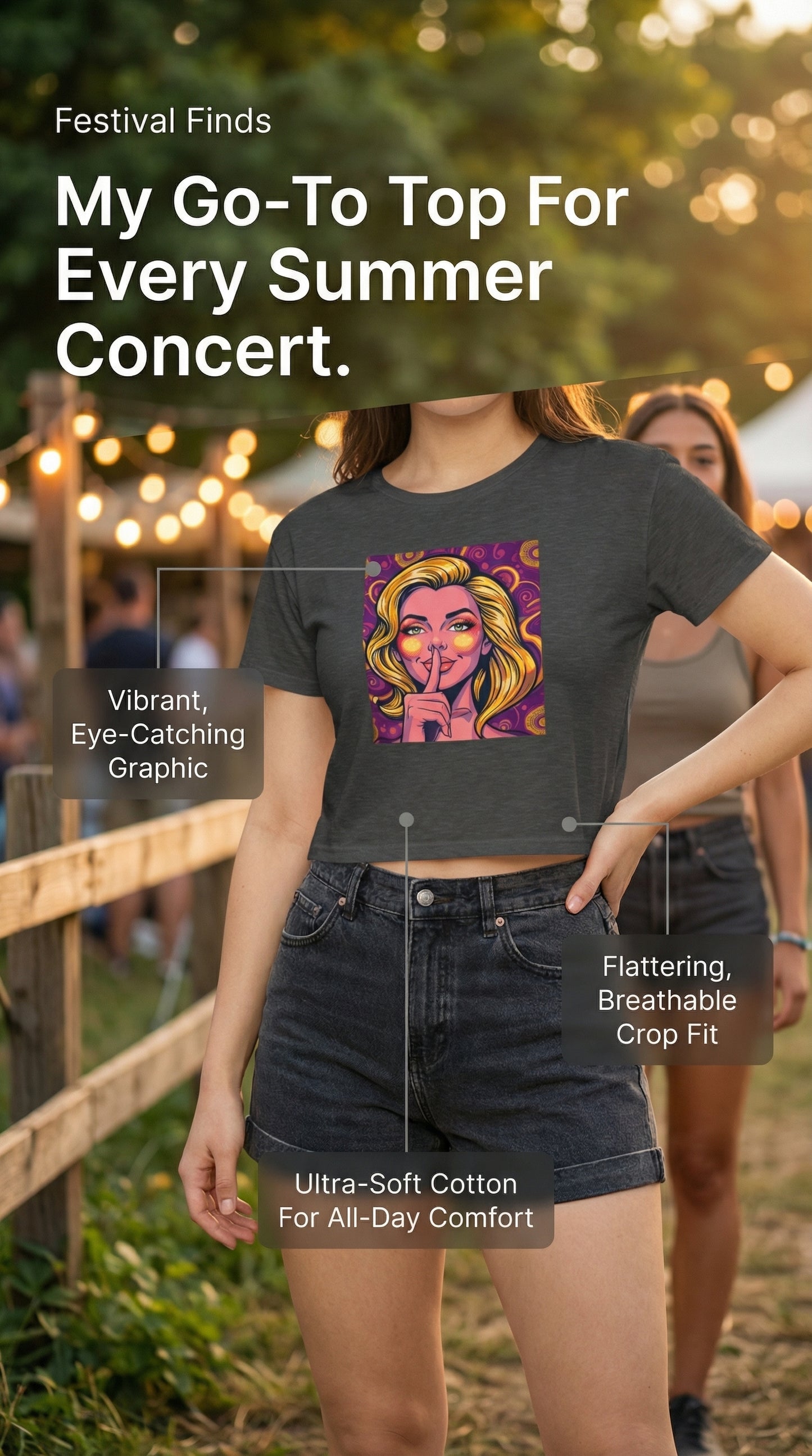 Boho Festival Crop Top, Women's Stylish Tee for Concerts & Parties, Summer Vibes, Casual Chic Top