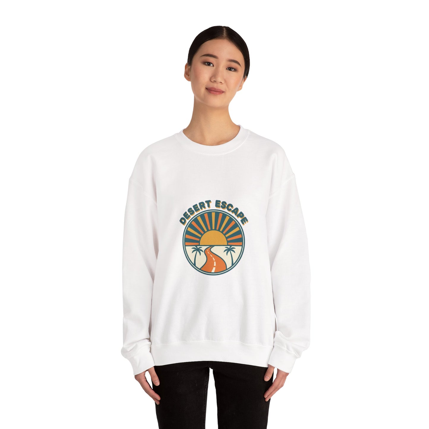 Desert Escape Sunset Crewneck, 70s Retro Surf Graphic | Vintage Palm Postcard