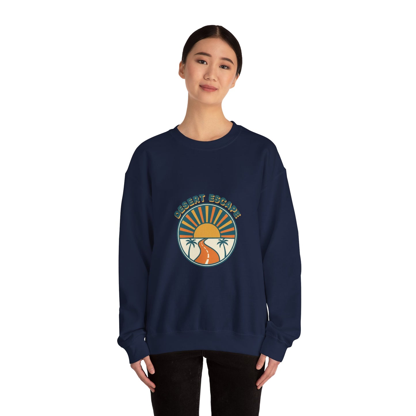 Desert Escape Sunset Crewneck, 70s Retro Surf Graphic | Vintage Palm Postcard