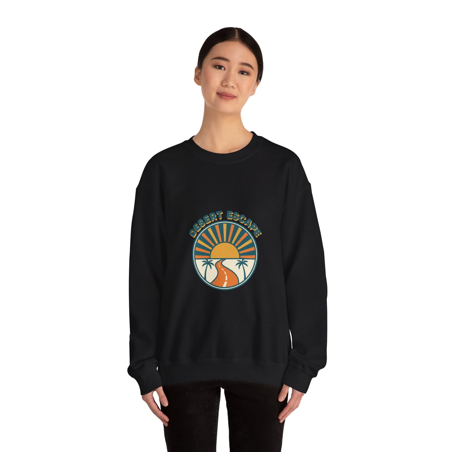 Desert Escape Sunset Crewneck, 70s Retro Surf Graphic | Vintage Palm Postcard