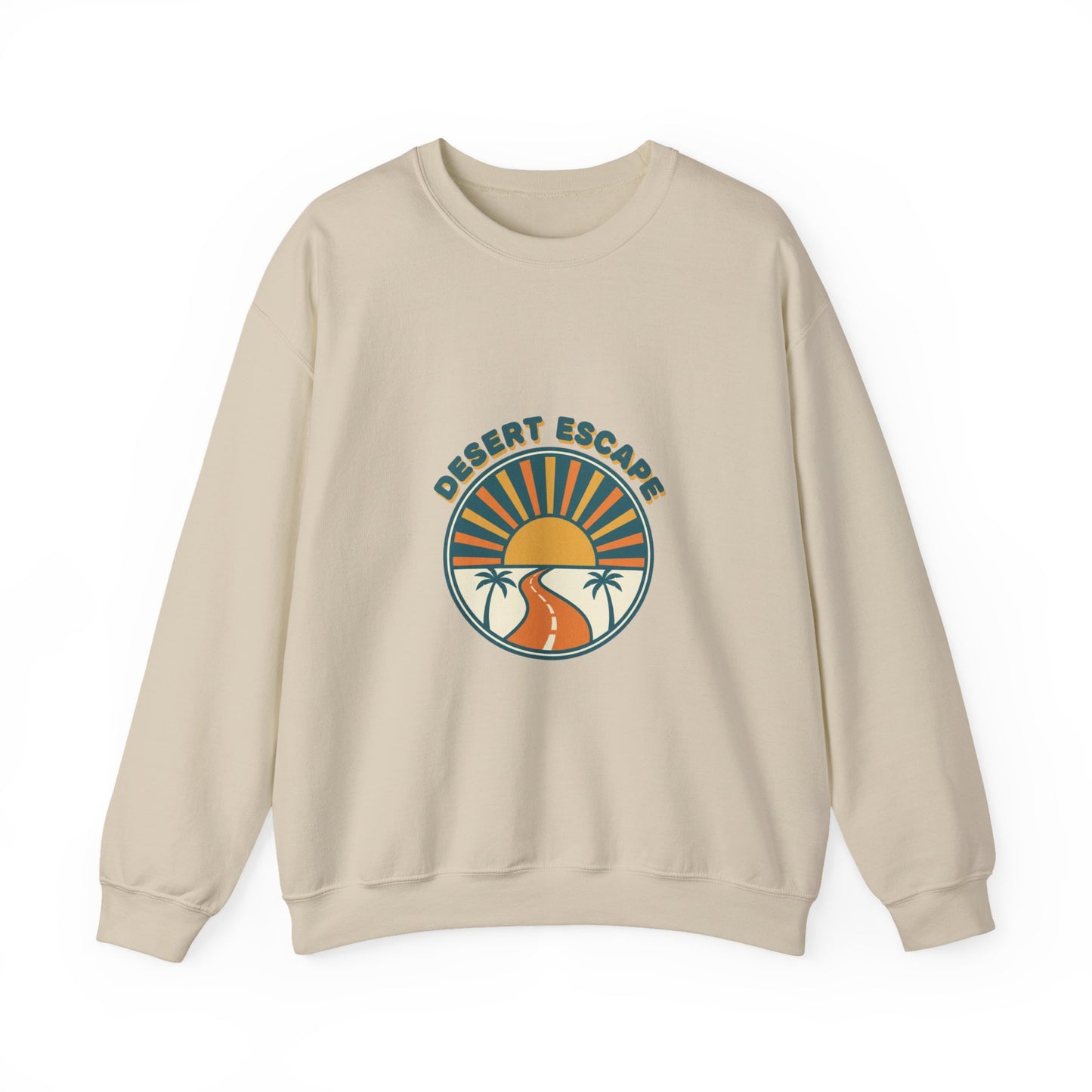 Desert Escape Sunset Crewneck, 70s Retro Surf Graphic | Vintage Palm Postcard