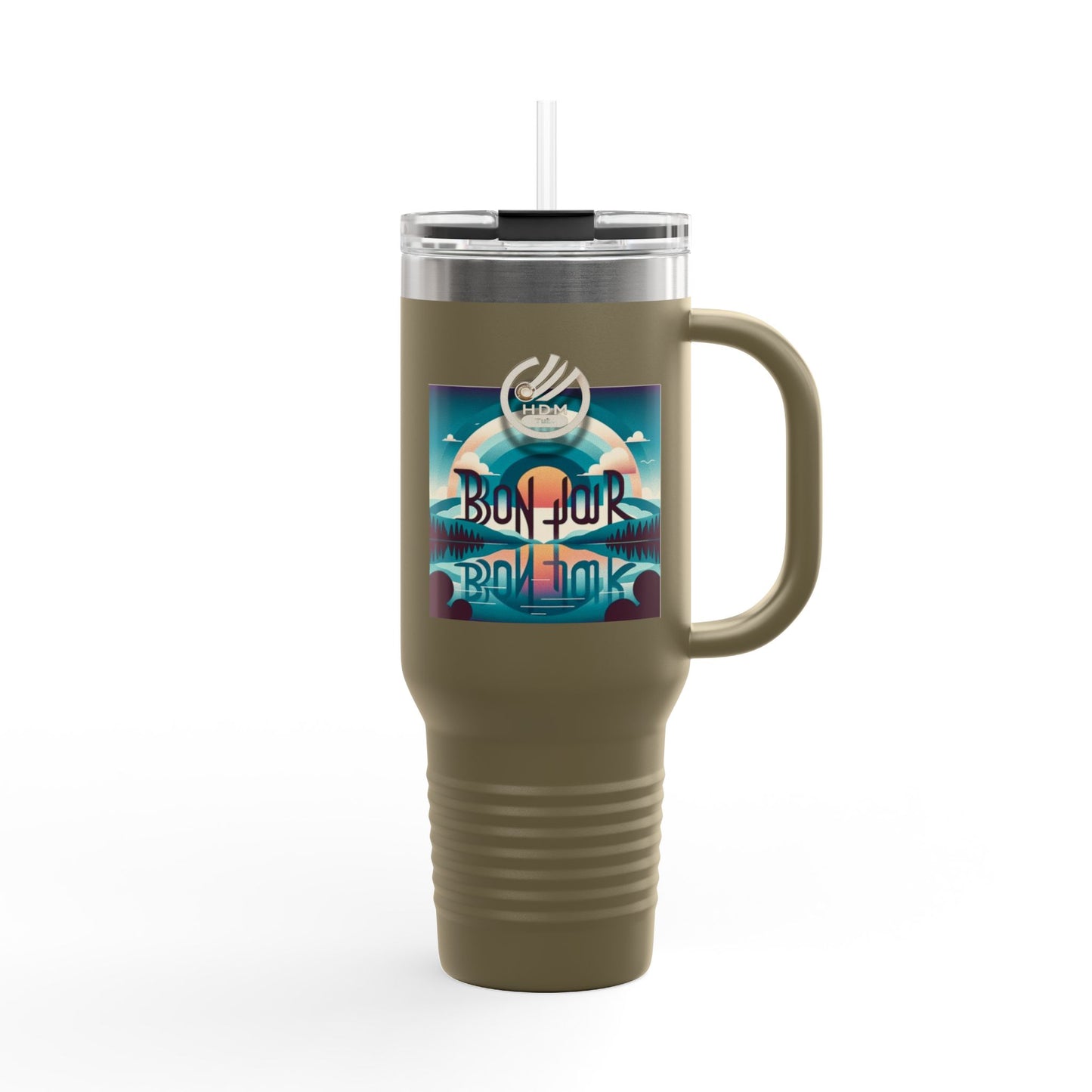 Bonjour Insulated Travel Mug, 40oz - French Parisian Coffee Cup, Traveler Tea Tumbler, Eiffel Tower Commuter Flask, Gift for Francophile,
