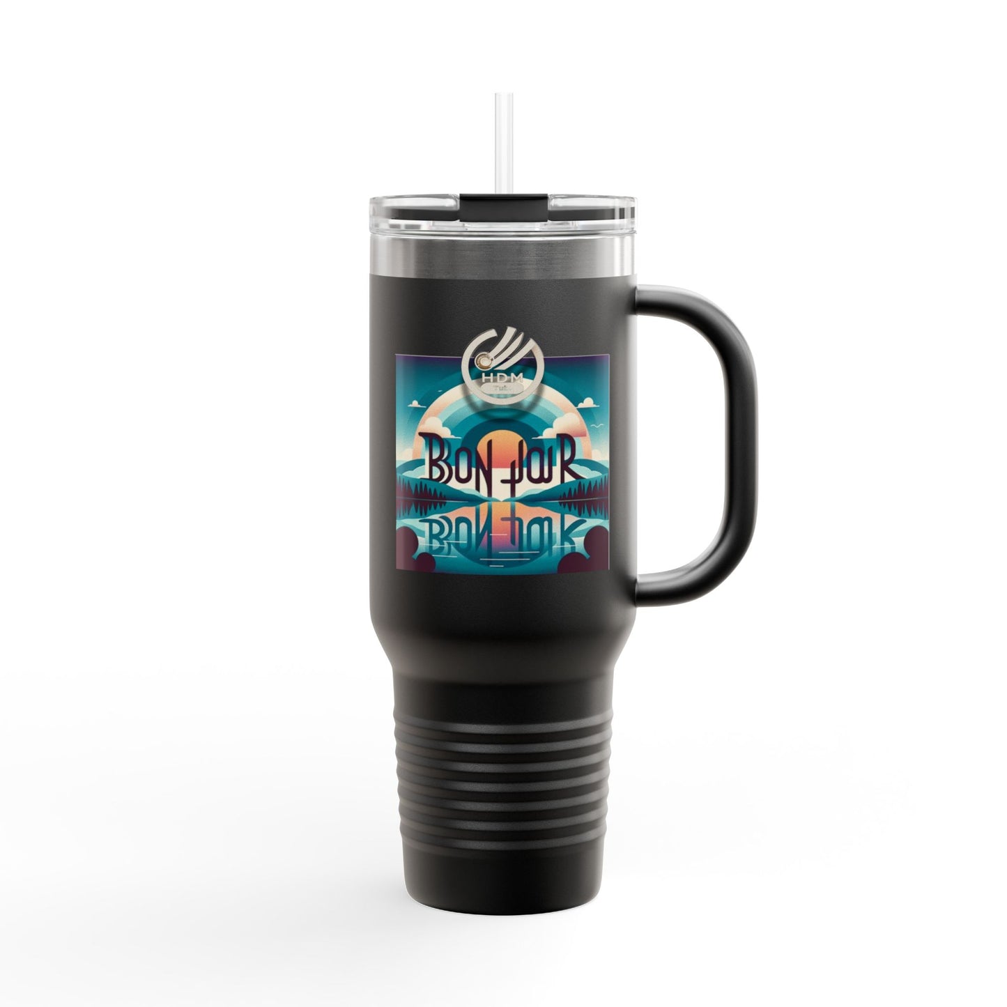Bonjour Insulated Travel Mug, 40oz - French Parisian Coffee Cup, Traveler Tea Tumbler, Eiffel Tower Commuter Flask, Gift for Francophile,